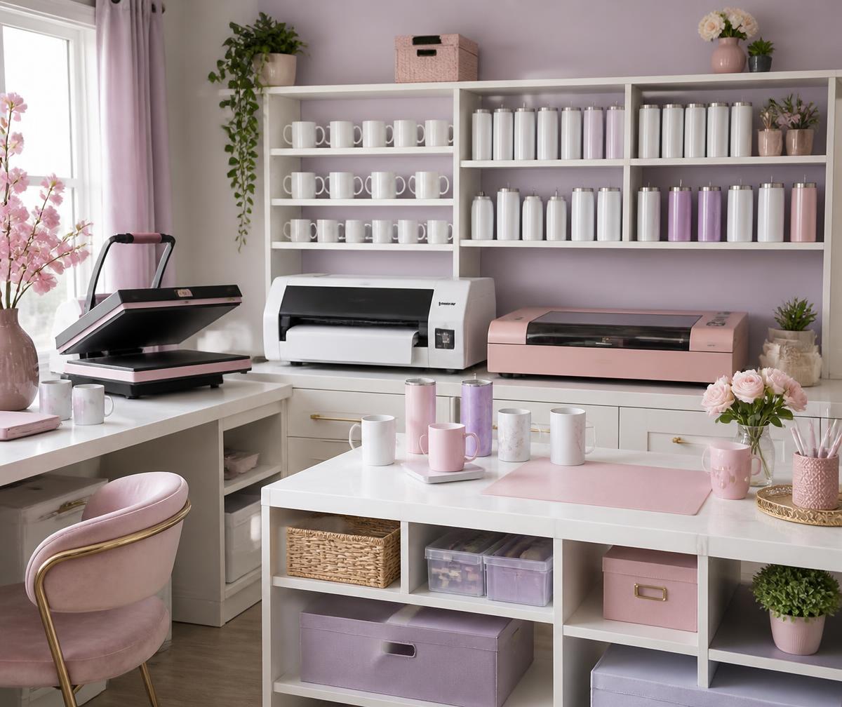 Ateliê da Kuba'sCrafts com prensa térmica, impressora de sublimação e canecas personalizadas
