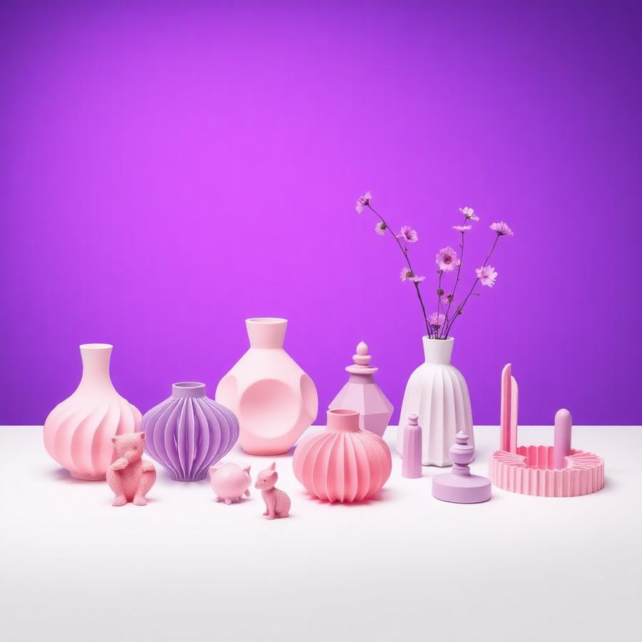 Objetos decorativos em impressão 3D nas cores lilás e rosa