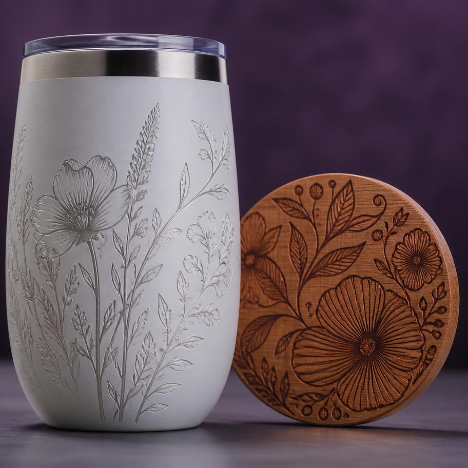Copo térmico e porta-copo de madeira com gravação a laser floral